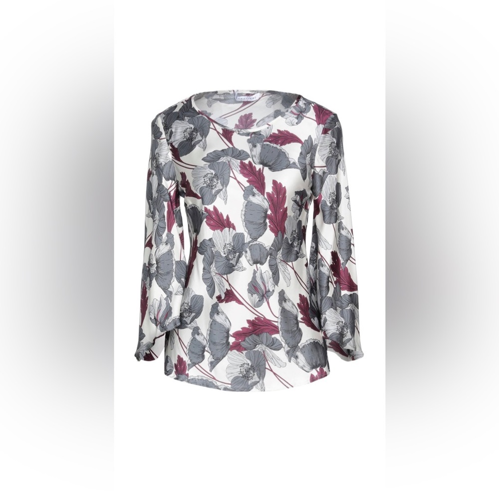 NWT Caractere White Silky Satin Floral Blouse by Italian Fashion House Sz Small